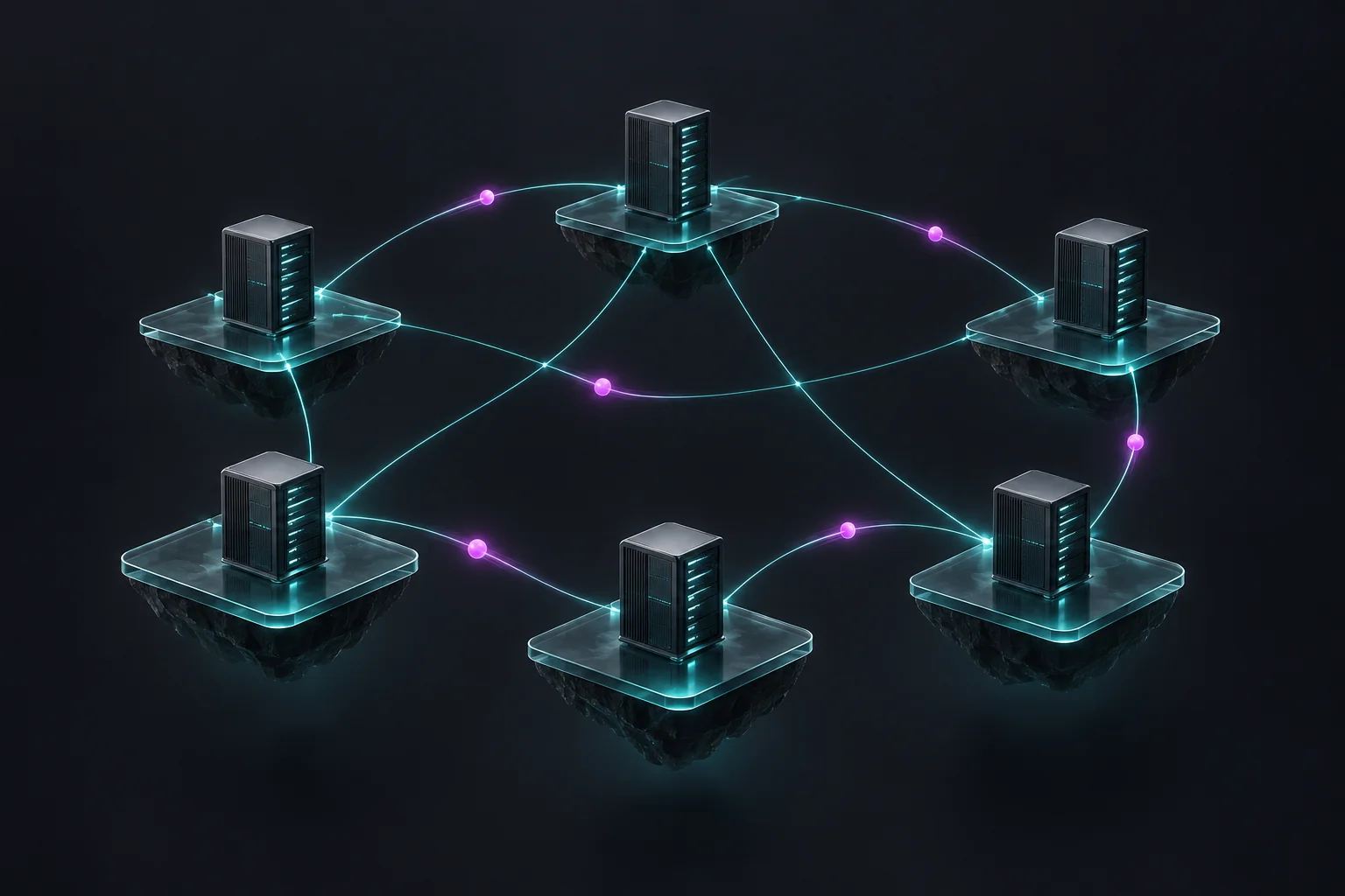 Six server nodes connected by teal paths, with magenta points representing agents moving through the mesh.