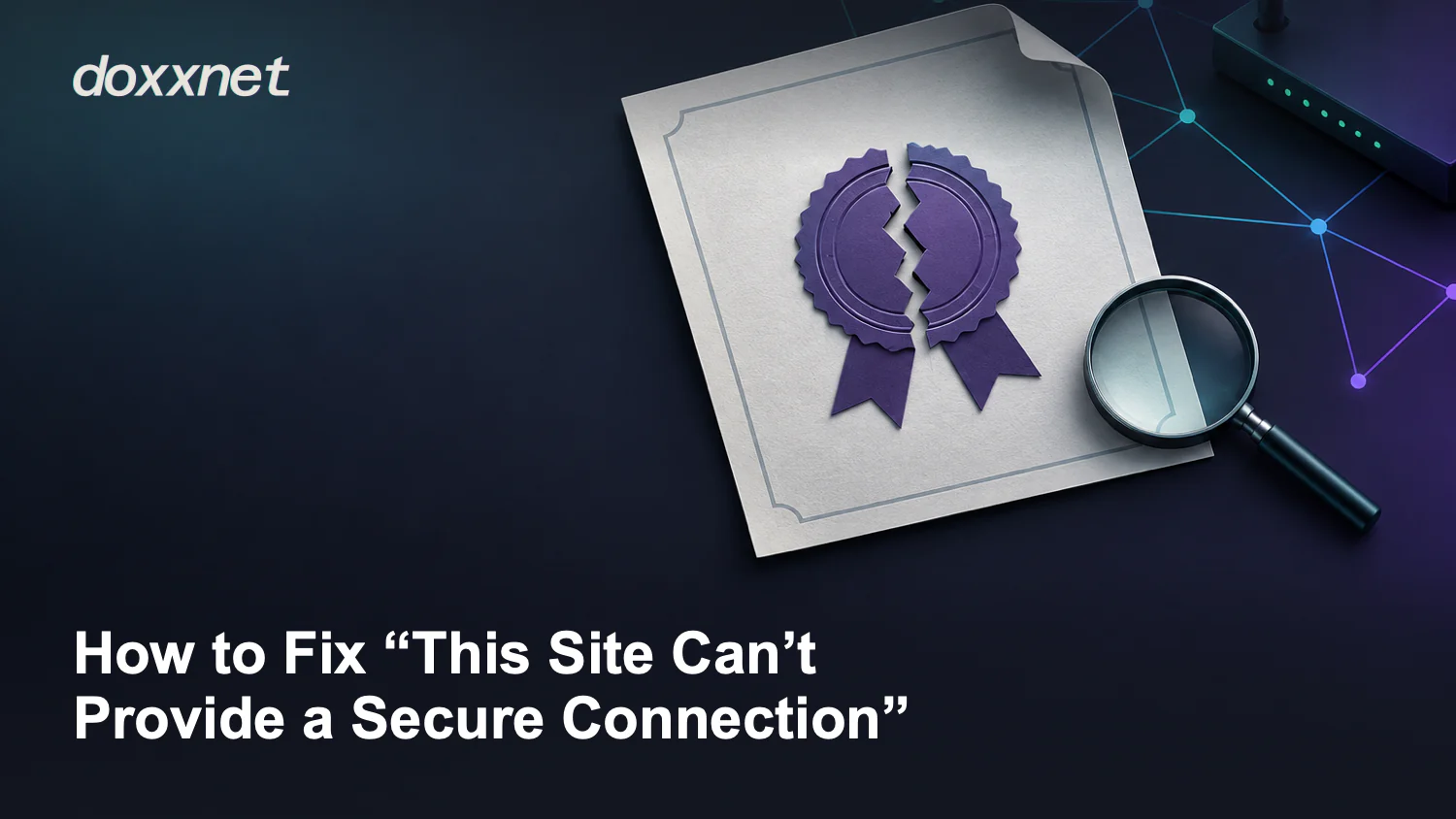 How to Fix “This Site Can’t Provide a Secure Connection”: Certificate sheet with a split embossed seal, with the doxxnet wordmark.